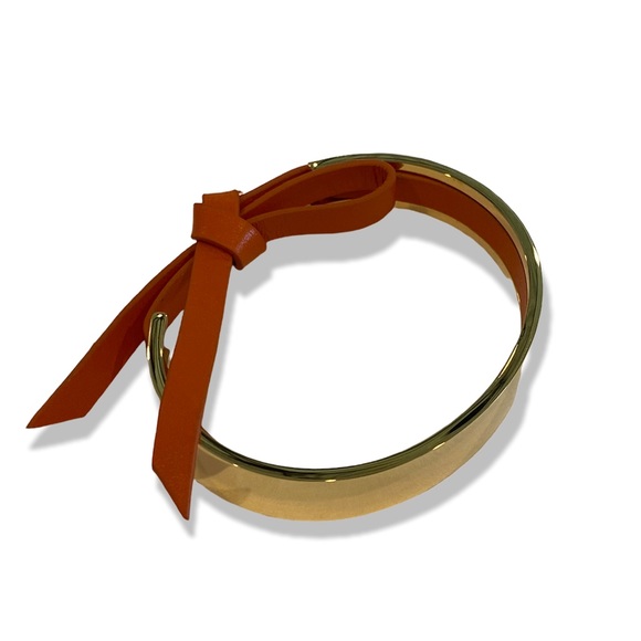 Gold Cuff Bracelet with Orange Leather Tie Strap - Picture 2 of 4
